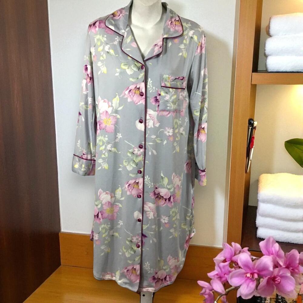 Body Touch Floral Nightshirt Gray Pink Button Down Sleep Shirt Size S New